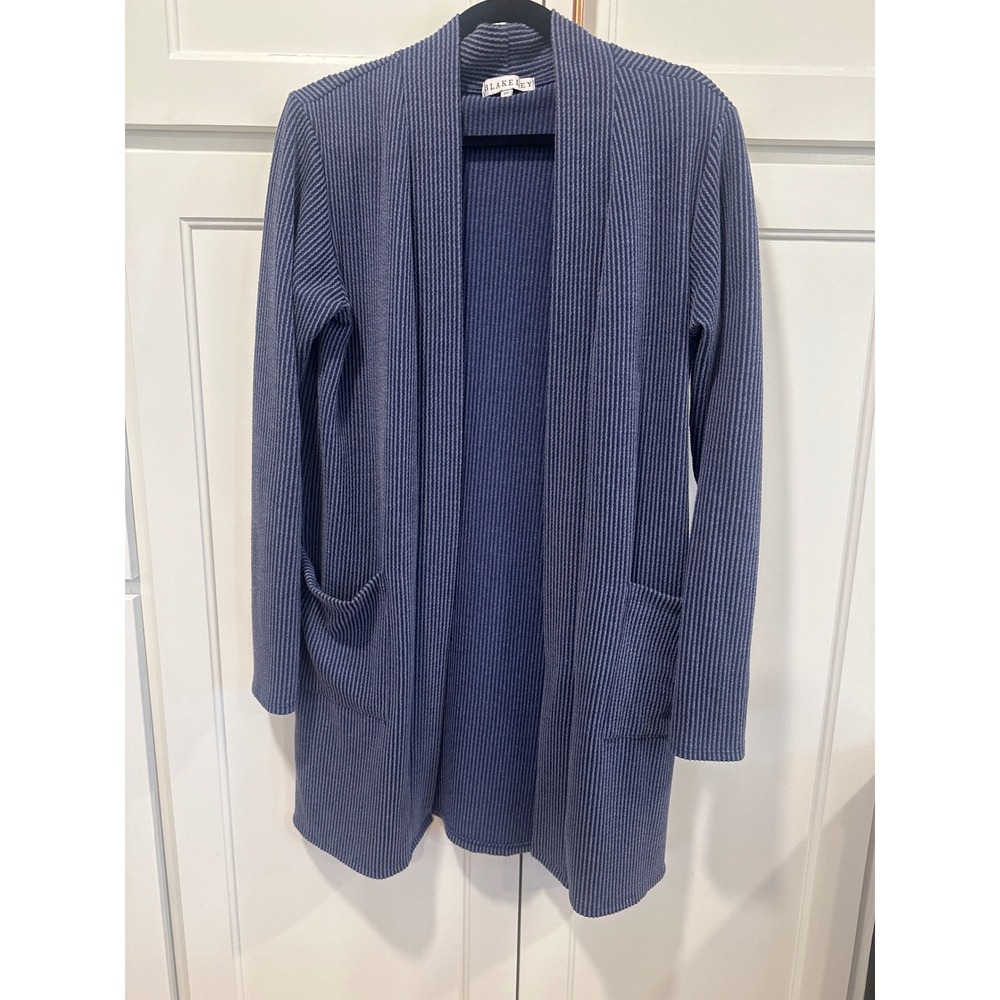 Blakeley Blue Ribbed Knit Open Front Cardigan Stripe Long Sleeve Pockets OS boho